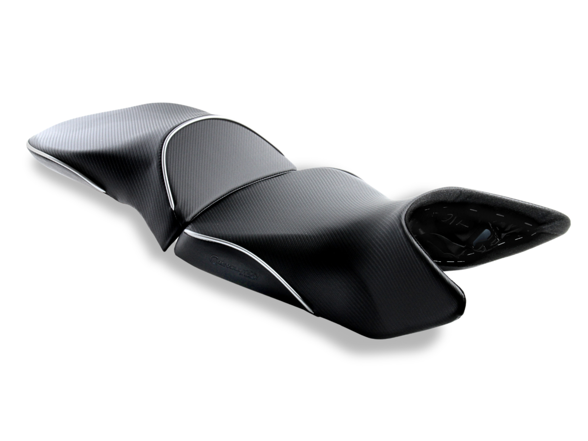 REVolution OEM Motorcycle Seat Upgrades as seen on the KTM 1290 Super Adventure in CFX with Silver Welt. Also available as a DIY kit.